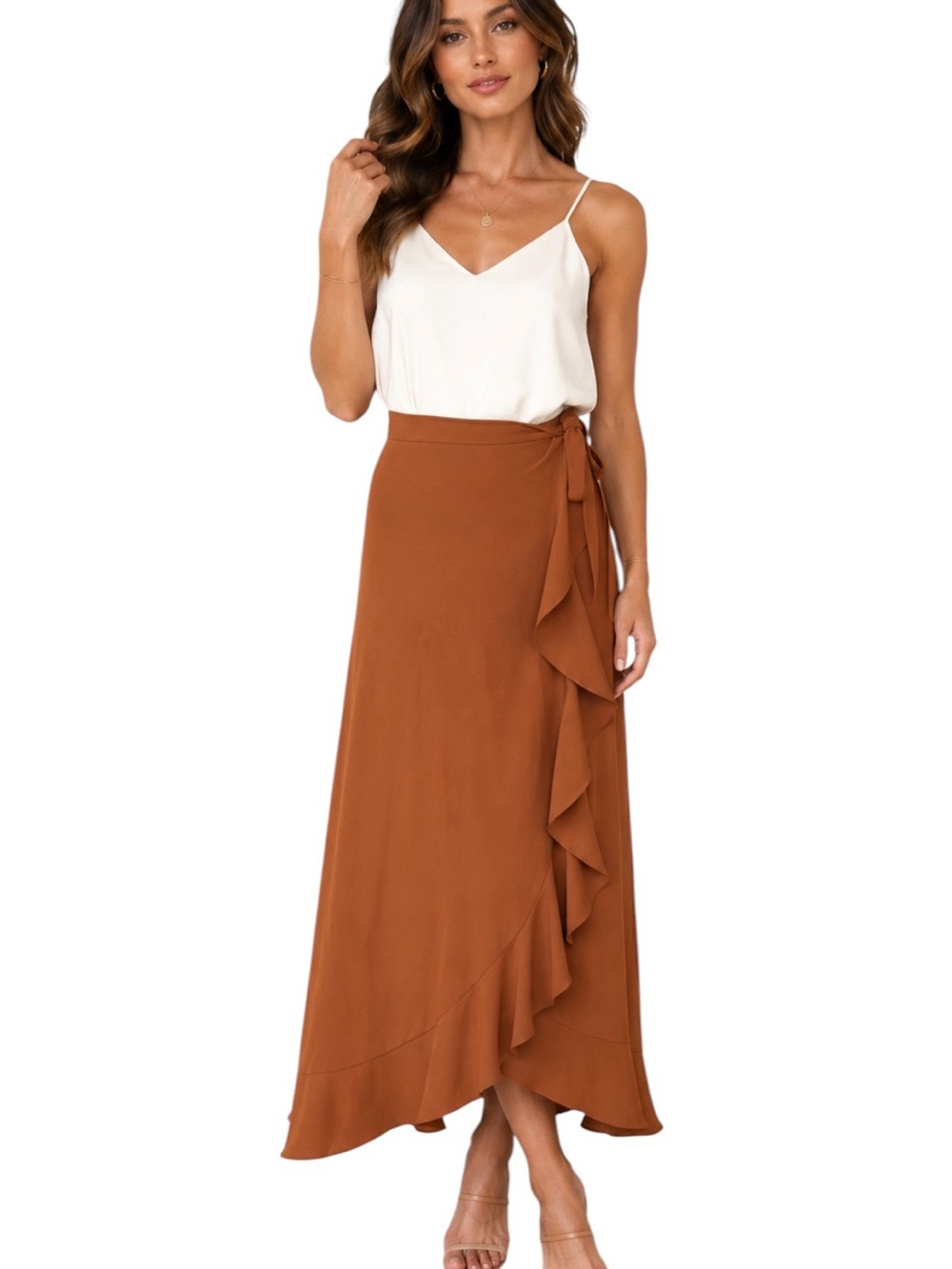 LN Amanda Uprichard Tessa Umber Brown Ruffle Wrap Midi Skirt - S
